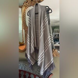 Grey & White Asymmetrical Long Sweater Duster Cardigan Vest with Fringe